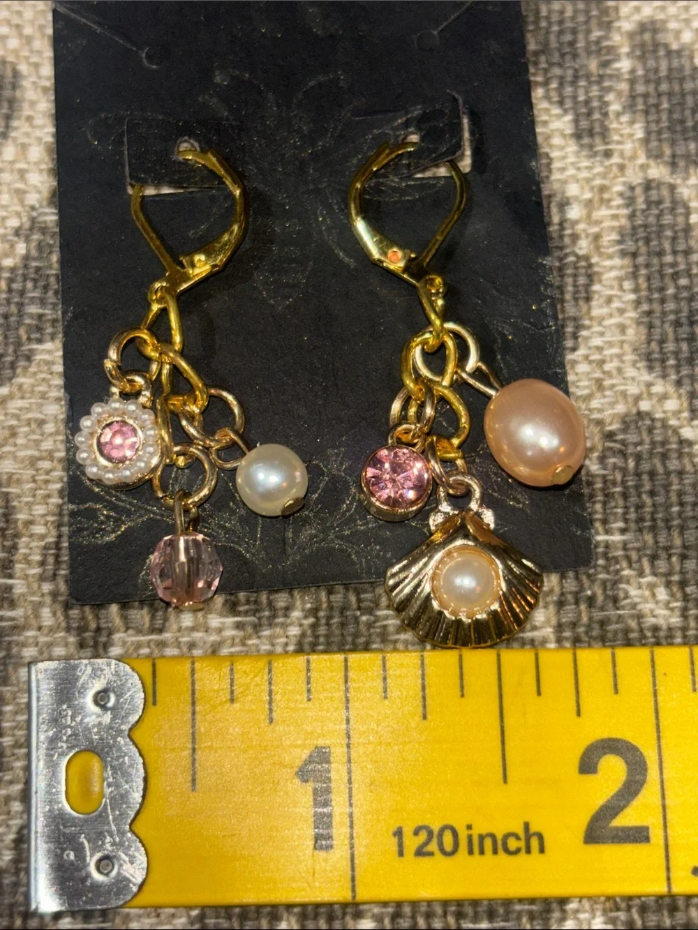 KB coastal dangle earring beachy resort gold tone pink gemstone pearl accent